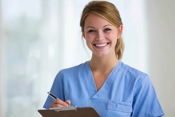 Portrait of a smiling young female nurse in blue scrubs, holding a clipboard.