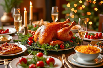 Baked chicken and other dishes cooked on thanksgiving day