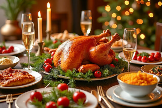 Baked chicken and other dishes cooked on thanksgiving day