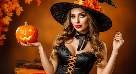 Fototapeta premium Beautiful Witch Holding a Jack-o'-Lantern, Generative AI