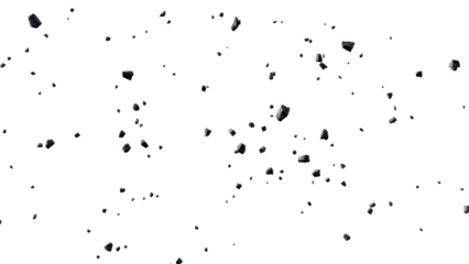 Dark stones and debris flying through the air, isolated on a transparent background, perfect for visual effects and compositing. 3d render