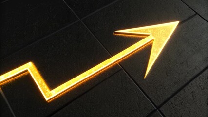 Glow gold arrow zigzag rising on dark tile floor indicating growth and success with glowing upward trend and modern texture - Powered by Adobe
