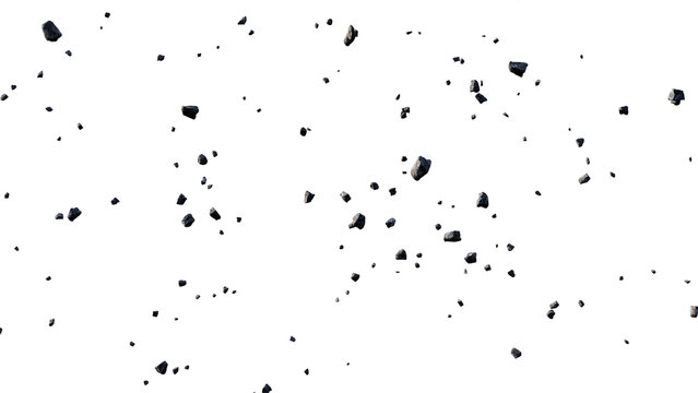 Dark stones and debris flying through the air, isolated on a transparent background, perfect for visual effects and compositing. 3d render