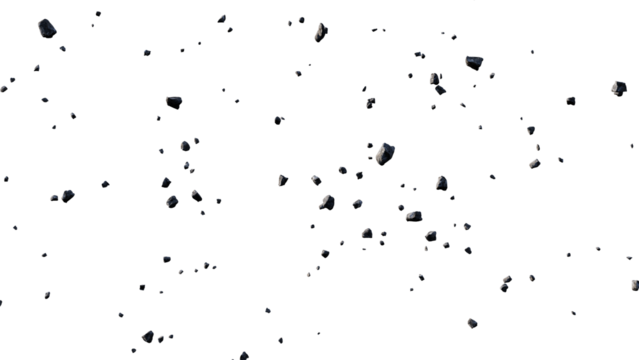 Dark stones and debris flying through the air, isolated on a transparent background, perfect for visual effects and compositing. 3d render