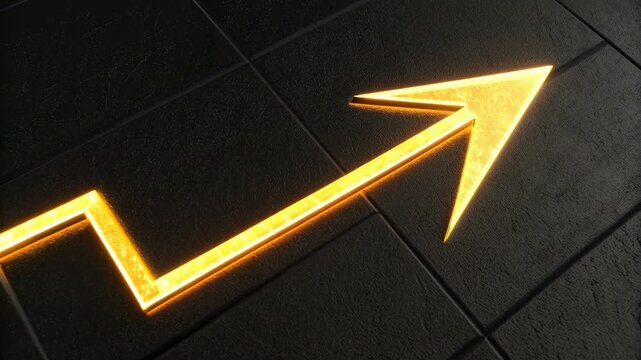 Glow gold arrow zigzag rising on dark tile floor indicating growth and success with glowing upward trend and modern texture