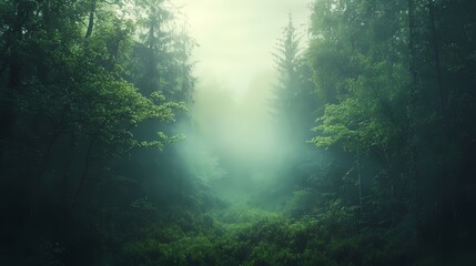 Misty forest landscape with dense trees and fog creating a serene atmosphere in nature