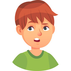 Cartoon young boy with red hair and green shirt looking confused with white background isolated