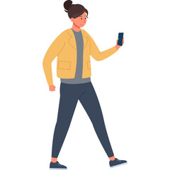 Cartoon woman with brown hair in a yellow jacket grey shirt and blue pants walking while holding a black smartphone in a clear background studio portrait