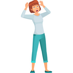 Cartoon woman with brown short hair wearing a light blue long sleeve shirt and teal pants standing with hands on her head looking shocked and distressed with a white background