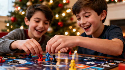 Family Playing Sci-Fi Board Game Under Christmas Tree Lights, Kids Laughing, Warm Festive Glow, Joyful Authentic Holiday Moment Captured
