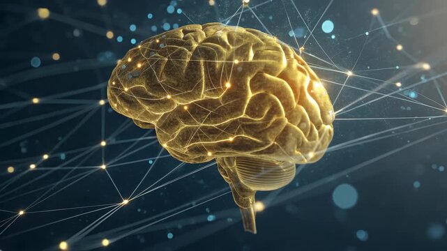 Golden brain neural network glowing with synapse connections and data nodes futuristic digital space showing cognition intelligence neuroscience