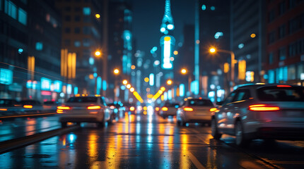 Cars driving down a wet city street at night with bright lights reflecting on the pavement, creating a vibrant and dynamic urban scene.