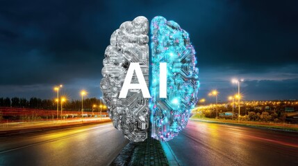 A digital brain with the word "AI" written on it against a nighttime highway. Concept of artificial intelligence, technology, and development.