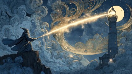 A wizard's light guides ships toward a towering lighthouse in the dark