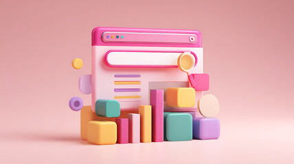 Colorful 3D Graphic of a Website Interface with Charts and Geometric Shapes on Light Pink Background