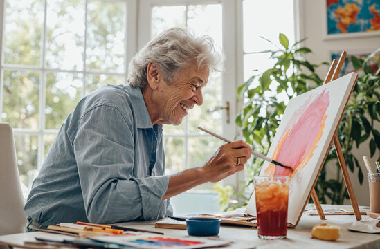 Anciana pintando con alegr&iacute;a en su estudio