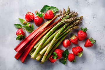 Fresh spring harvest featuring vibrant strawberries, rhubarb, and asparagus, perfect for healthy recipes and seasonal content creation for food blogs