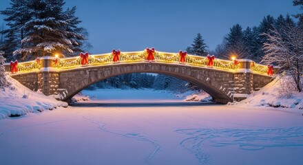 Stone bridge adorned with christmas lights and red bows over a snowy landscape scene