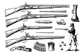 Vintage flintlock muskets and accessories with a gentleman shooter illustration