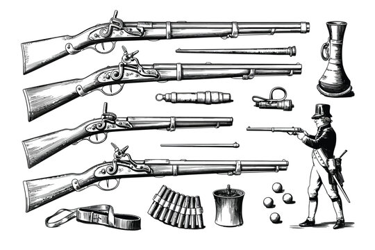 Vintage flintlock muskets and accessories with a gentleman shooter illustration