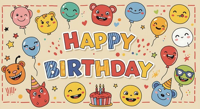 Happy Birthday Cute Cartoon Animals and Balloons Greeting Card.