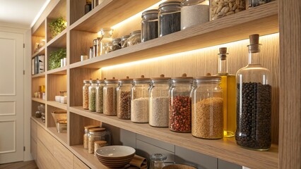 Wooden kitchen shelf displaying jars of assorted grains and oils