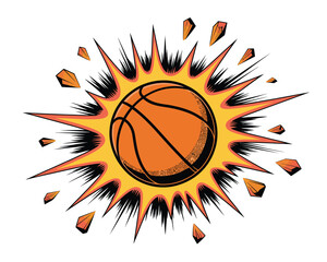 Exploding basketball with fiery burst and flying debris