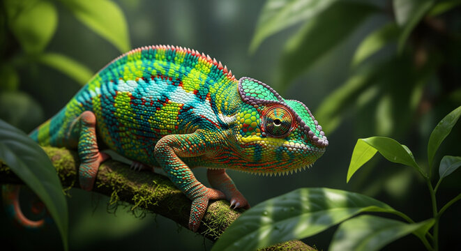 Caméléon vibrant reposant sur une branche, une explosion de couleurs met en valeur la beauté de la nature pour le contenu éducatif, les projets sur la faune et les conceptions à thème tropical.