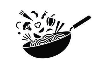 Black and white illustration of a wok filled with noodles and flying vegetables
