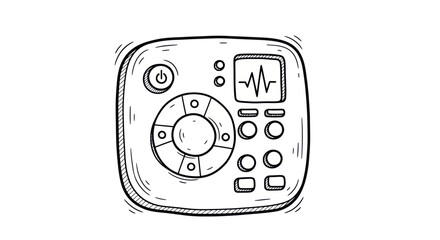 Hand-drawn medical device illustration with heart rate display.