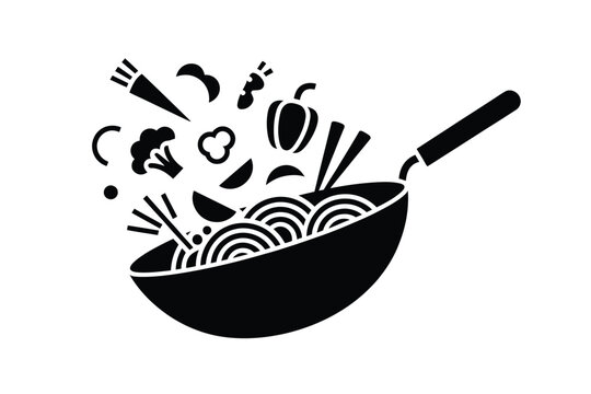 Black and white illustration of a wok filled with noodles and flying vegetables