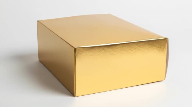 A gold, rectangular box with smooth, reflective surfaces sits on a white surface