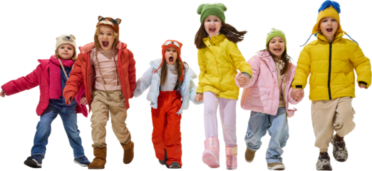 Happy children in colorful winter jackets running together hand in hand. Concept of joyful childhood, playful friendship, outdoor fun, and trendy kids winter fashion. Transparent background