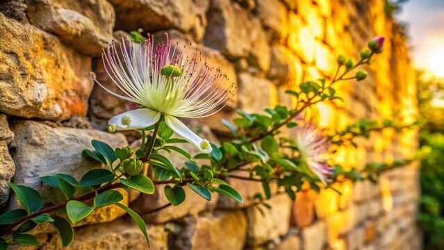 Italian Caper Plant Blooming on Ancient Stone Wall - High-Resolution Stock Photo