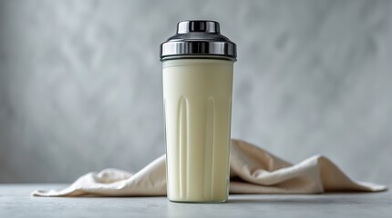 Protein Shake in Light-Colored Shaker Bottle on Soft Background (AI-generated)