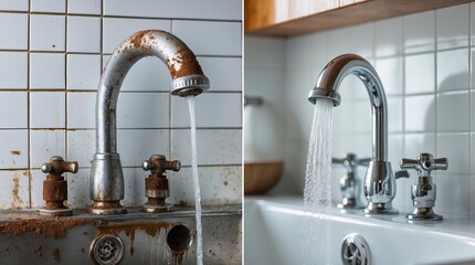 Comparison of Old Rusty and New Chrome Kitchen Faucet with Running Water (AI-generated)