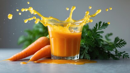 Fresh Carrot Juice with Dynamic Splash and Natural Roots (AI-generated)