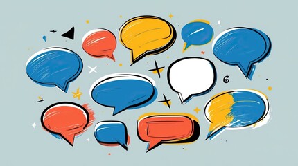 Graphic Speech Bubbles in Various Shapes and Colors on Blue Background (AI-generated)
