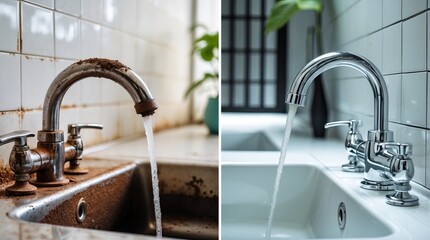 Comparison of Old Rusty and New Chrome Kitchen Faucet with Running Water (AI-generated)
