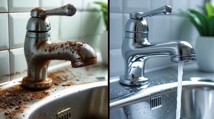 Comparison of Old Rusty and New Chrome Kitchen Faucet with Running Water (AI-generated)