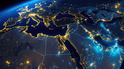 Digital Map of the Middle East with Glowing Borders and City Lights at Night (AI-generated)