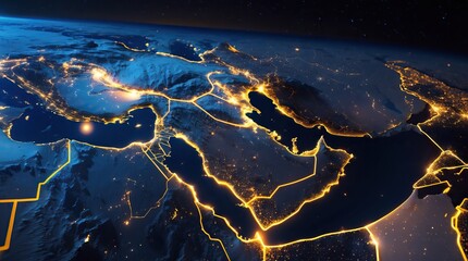 Digital Map of the Middle East with Glowing Borders and City Lights at Night (AI-generated)