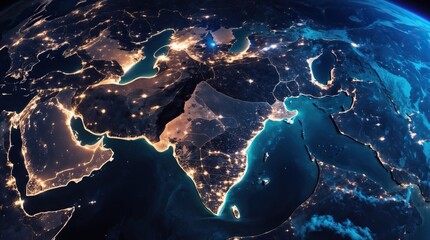 Digital Map of the Middle East with Glowing Borders and City Lights at Night (AI-generated)