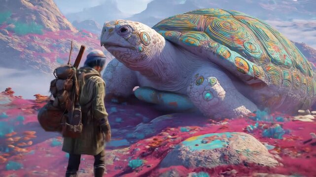 Backpacker walking towards a giant, patterned turtle on a strange, pink, otherworldly landscape