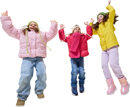 Joyful girls jumping together in bright colorful winter jackets and boots. Concept of movement, happiness, and energetic kids fashion reflecting playful freedom and celebration. Transparent background