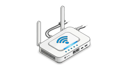 White Wireless Router with Antennas and Blue WiFi Symbol.