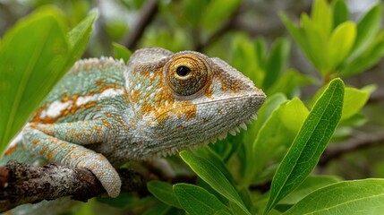 Close-up of a chameleon perched on a branch, blending with the lush, green foliage