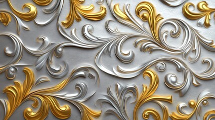 Ornate silver and gold floral relief design with intricate swirls and patterns on a textured surface
