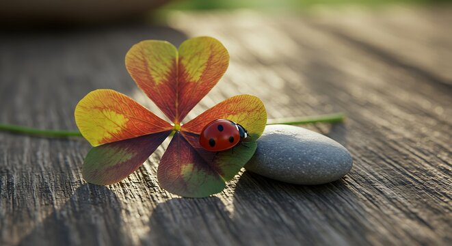 Lucky Four Leaf Clover with Ladybug and Stone on Wooden Surface.