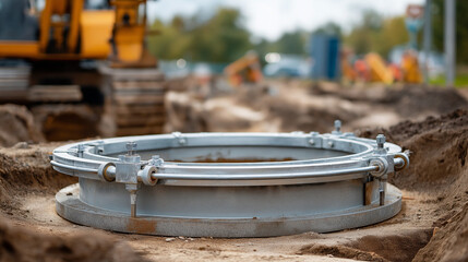 Fototapeta premium Pipeline access manhole installation infrastructure service point underground utility access concrete chamber construction detail excavation site defocused around with copy